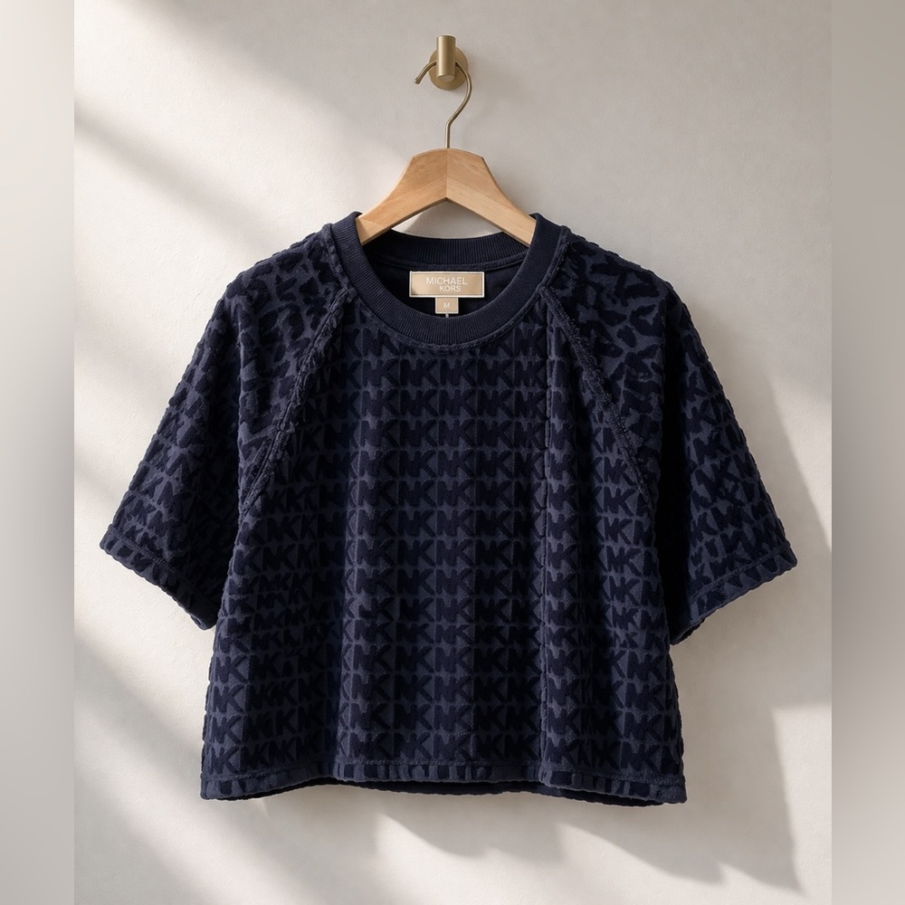 Michael Kors Navy Logo-Texture Short Sleeve terry top